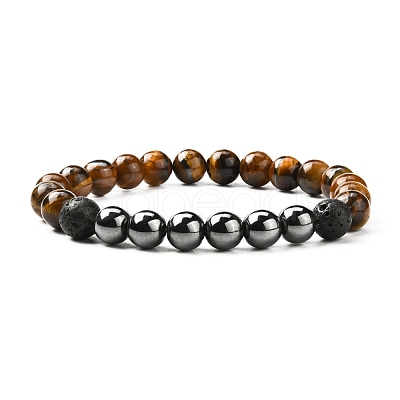 Natural Tiger Eye & Lava Rock & Synthetic Hematitie Beads Stretch Bracelet Set BJEW-JB07030-1