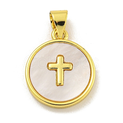 Rack Plating Brass Pave Nature Shell Cross Pendants KK-C074-34G-1