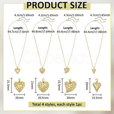 4Pcs 4 Styles Valentine's Day Brass Textured Heart Pendant Cable Chain Necklaces for Women NJEW-PH0001-53-1