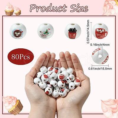 80Pcs 4 Styles Coffee Printed Wooden European Beads WOOD-CJ0001-82-1
