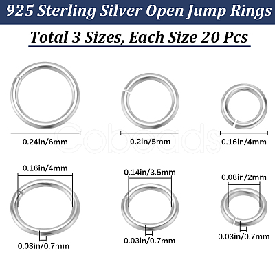 Beebeecraft 60Pcs 3 Styles 925 Sterling Silver Open Jump Rings STER-BBC0006-20-1