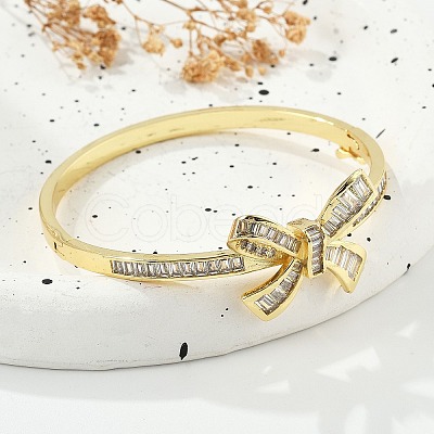 Brass Micro Pave Clear Cubic Zirconia Hinged Bangles for Women BJEW-K274-04G-1