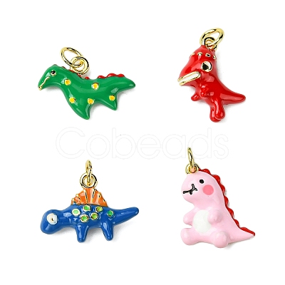 4Pcs 4 Style Dinosaur Rack Plating Brass Enamel Pendants KK-CJ0003-32-1