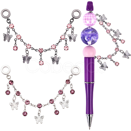 2Pcs 2 Colors Brass Burgundy Rhinestone European Safety Chains with Charms KK-BM0001-03-1