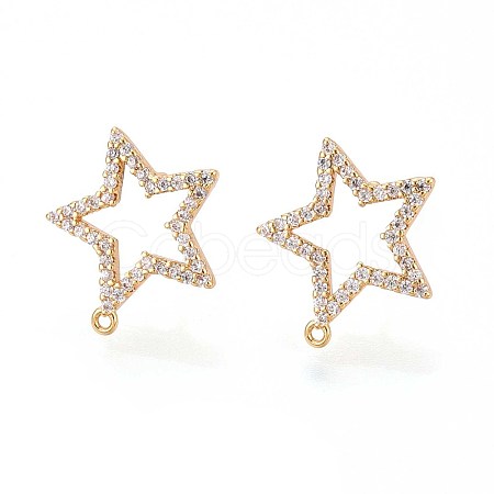 Brass Micro Pave Clear Cubic Zirconia Star Stud Earring Findings KK-T071-21G-1