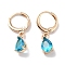 Real 18K Gold Plated Brass Dangle Hoop Earrings, with Glass, Teardrop, Deep Sky Blue, 26x6mm