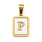 PVD Vacuum Plating 304 Stainless Steel Pave Natural White Shell Pendants, Rectangle with Letter Charms, Golden, Letter P, 17.5x12x1.5mm, Hole: 6x3mm