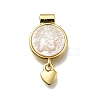 Brass Pave Natural White Shell Flat Round with Heart Pendants KK-C090-37G-07-1