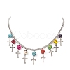 Dyed Synthetic Turquoise Skull with Cross Bib Necklace NJEW-TA00071-4