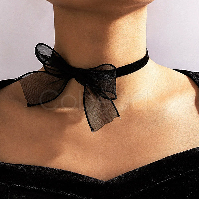 1Pc Gauze Bowknot Fabric Choker Necklaces for Women NJEW-CP0001-06B-1