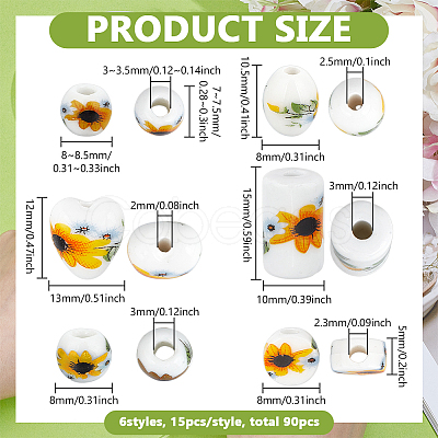 72Pcs 6 Styles Floral Printed Porcelain Beads PORC-PH0001-44-1