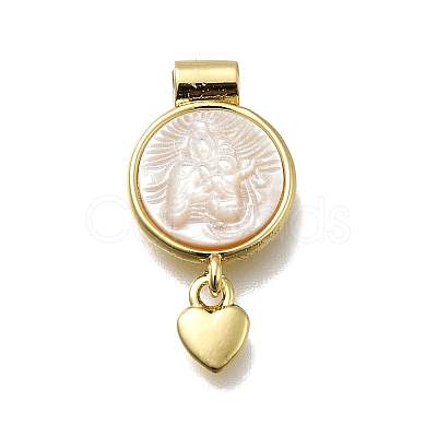 Brass Pave Natural White Shell Flat Round with Heart Pendants KK-C090-37G-07-1