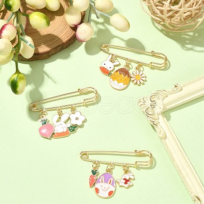 3Pcs 3 Style Easter Rabbit & Carrot & Egg Alloy Enamel Charms Safety Pin Brooches JEWB-TA00014-1