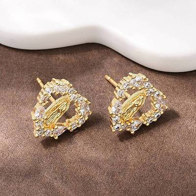 Brass Micro Pave Clear Cubic Zirconia Virgin Mary Stud Earrings EJEW-F400-23B-G-1