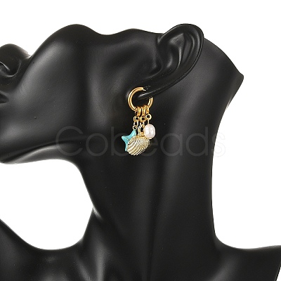 Starfish with Shell Charm 202 Stainless Steel Dangle Hoop Earrings EJEW-JE07063-1
