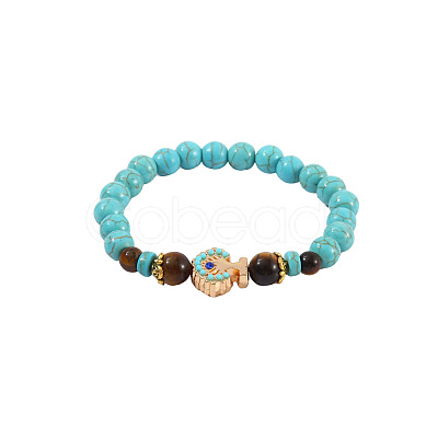 Synthetic Turquoise & Natural Tiger Eye Round Beaded Stretch Bracelets FS-WGB9D7B-06-1