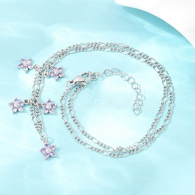Brass Pave Lilac Cubic Zirconia Flower Pendant Figaro Chain Bib Necklaces for Women NJEW-F364-01P-1