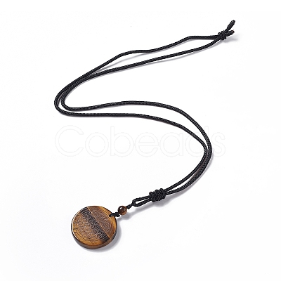 Natural Tiger Eye Flat Round with Flower of Life Pendant Necklace with Nylon Cord for Women NJEW-P274-02-01-1