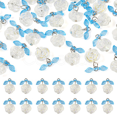 30Pcs Transparent Glass Flower Pendants with Deep Sky Blue Acrylic Leaf PALLOY-TAC0241-1