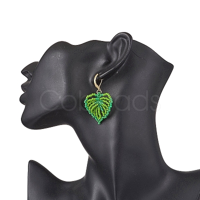 Leaf Handmade Glass Seed Beads Leverback Earrings EJEW-MZ00490-01-1