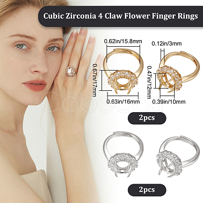 Beebeecraft 4Pcs 2 Colors Adjustable Brass Micro Pave Clear Cubic Zirconia Flower Adjustable Ring Components ZIRC-BBC0001-93-1