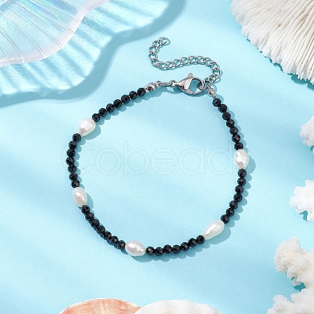 Natural Black Spinel &  Cultured Freshwater Pearl  Beads Beaded Bracelets for Woman BJEW-JB11268-1