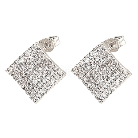 Brass Micro Pave Clear Cubic Zirconia Rhombus Stud Earrings for Women EJEW-G362-09P-1