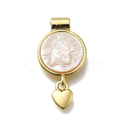 Brass Pave Natural White Shell Flat Round with Heart Pendants KK-C090-37G-07-1