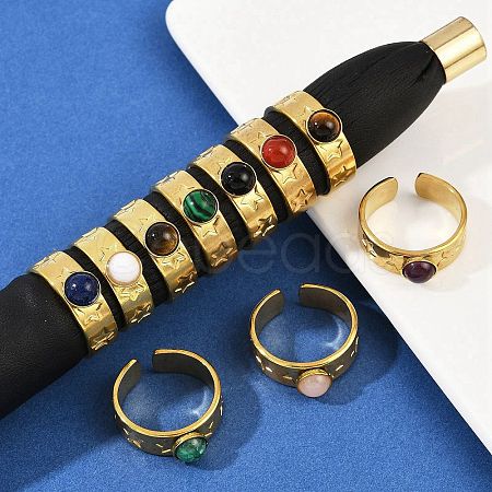 316 Stainless Steel with Natural Mixed Gemstone Cuff Rings RJEW-Z098-01G-15-1