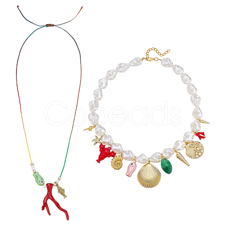 2Pcs 2 Styles Alloy Enamel & Brass & Porcelain & Acrylic Pendant Necklaces NJEW-PH01662-1