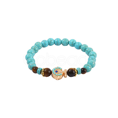 Synthetic Turquoise & Natural Tiger Eye Round Beaded Stretch Bracelets FS-WGB9D7B-06-1