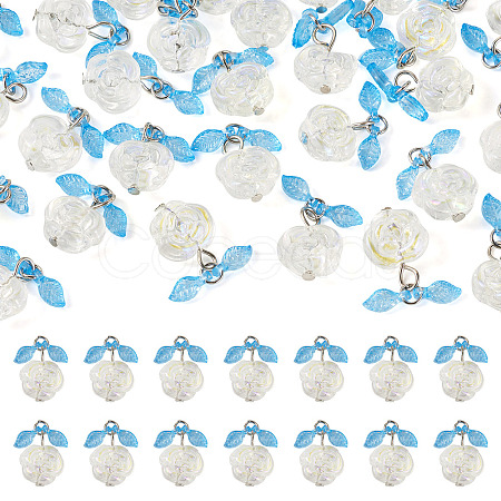 30Pcs Transparent Glass Flower Pendants with Deep Sky Blue Acrylic Leaf PALLOY-TAC0241-1