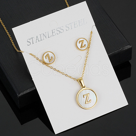 304 Stainless Steel with Natural Shell Pendant Necklaces & Stud Earrings Sets FS-WG5FD70-26-1