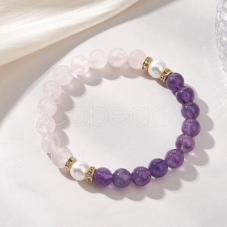 Natural Rose Quartz & Amethyst Beads Stretch Bracelets for Women BJEW-JB13193-01-1