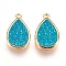 Resin Imitation Druzy Crystal Pendants, with Brass Findings, teardrop, Golden, Dark Turquoise, 16.5x10.5x4~5mm, Hole: 1mm