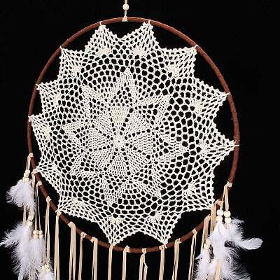 Handmade Round Cotton Woven Net/Web with Feather Wall Hanging Decoration HJEW-G015-02B-1