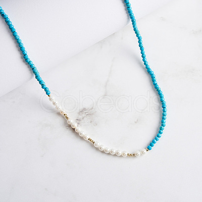 Faceted Round Natural Turquoise & Shell Pearl Beaded Necklaces NJEW-L125-005G-01-1