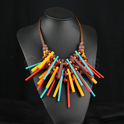 Bohemian Style Wood Beaded Multilayer Rectangle Tassel Necklaces for Women WG93846-06-1