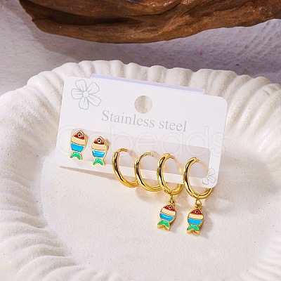 3 Pairs 304 Stainless Steel Enamel Hoop & Stud Earring Sets EJEW-Z166-01G-01-1