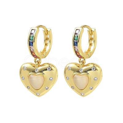 Brass Micro Pave Cubic Zirconia and Cat Eye Beads Heart Hoop Dangle Earrings KK-CBAD9DF-01G-1