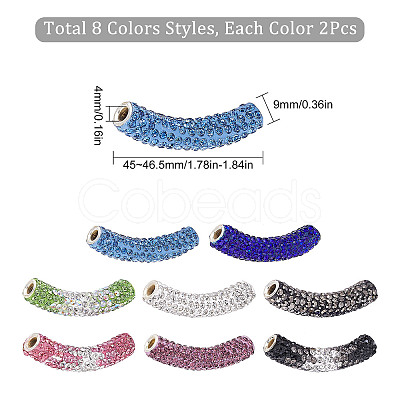 16Pcs 8 Style Brass Rhinestone & Polymer Clay Rhinestone Curved Tube Beads RB-SC0001-07-1