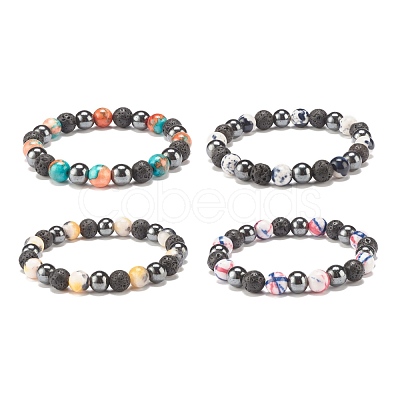 Gemstone & Lava Rock & Synthetic Hematite Round Beaded Stretch Bracelet BJEW-JB07972-1
