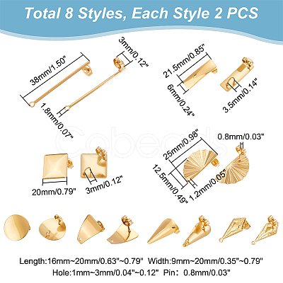 16Pcs 8 Style 304 Stainless Steel Stud Earrings Finding STAS-UN0042-34-1