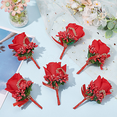 CRASPIRE 8Pcs Cloth Rose Flower Boutonniere Brooch with Rhinestone AJEW-CP0001-79B-1