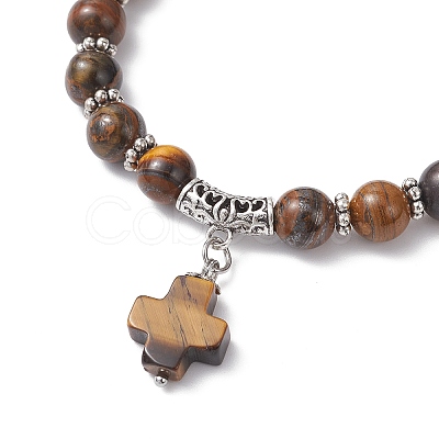 Natural Tiger Eye Cross Charm Bracelets BJEW-JB12259-03-1