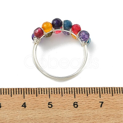 Copper Wire Wrapped Dyed & Heated Natural Agate Round Bead Finger Rings RJEW-JR01035-1