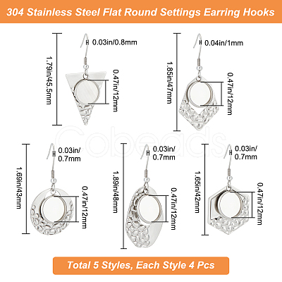 Beebeecraft 20Pcs 5 Style Hexagon & Teardrop & Flat Round & Polygon 304 Stainless Steel Dangle Earring Settings FIND-BBC0002-50-1