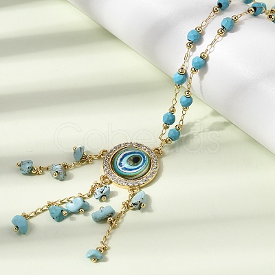 Boho Brass Resin Blue Evil Eye Pendant Necklaces with Dyed Natural Howlite Chip Tassel NJEW-L014-01G-1