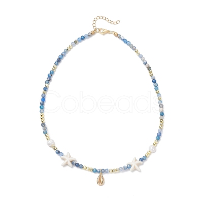 Dyed Natural Agate Faceted Round and Natural Cultured Freshwater Pearl & Starfish Synthetic Turquoise Beaded Brass Cowrie Shell Shape Pendant Necklaces for Women NJEW-JN05496-03-1