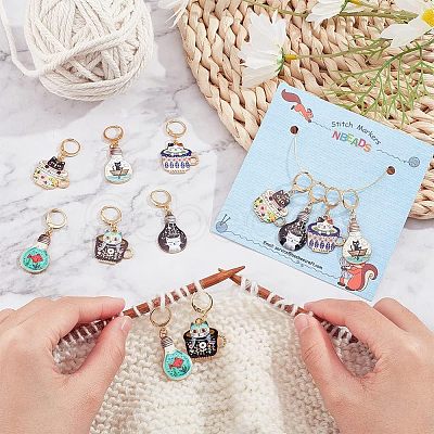 12Pcs 6 Colors Alloy Enamel Cat Charm Locking Stitch Markers HJEW-PH01531-1
